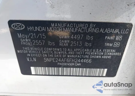 2015 Hyundai Sonata Se z USA, uszkodzony, nr VIN 5NPE24AF6FH244466